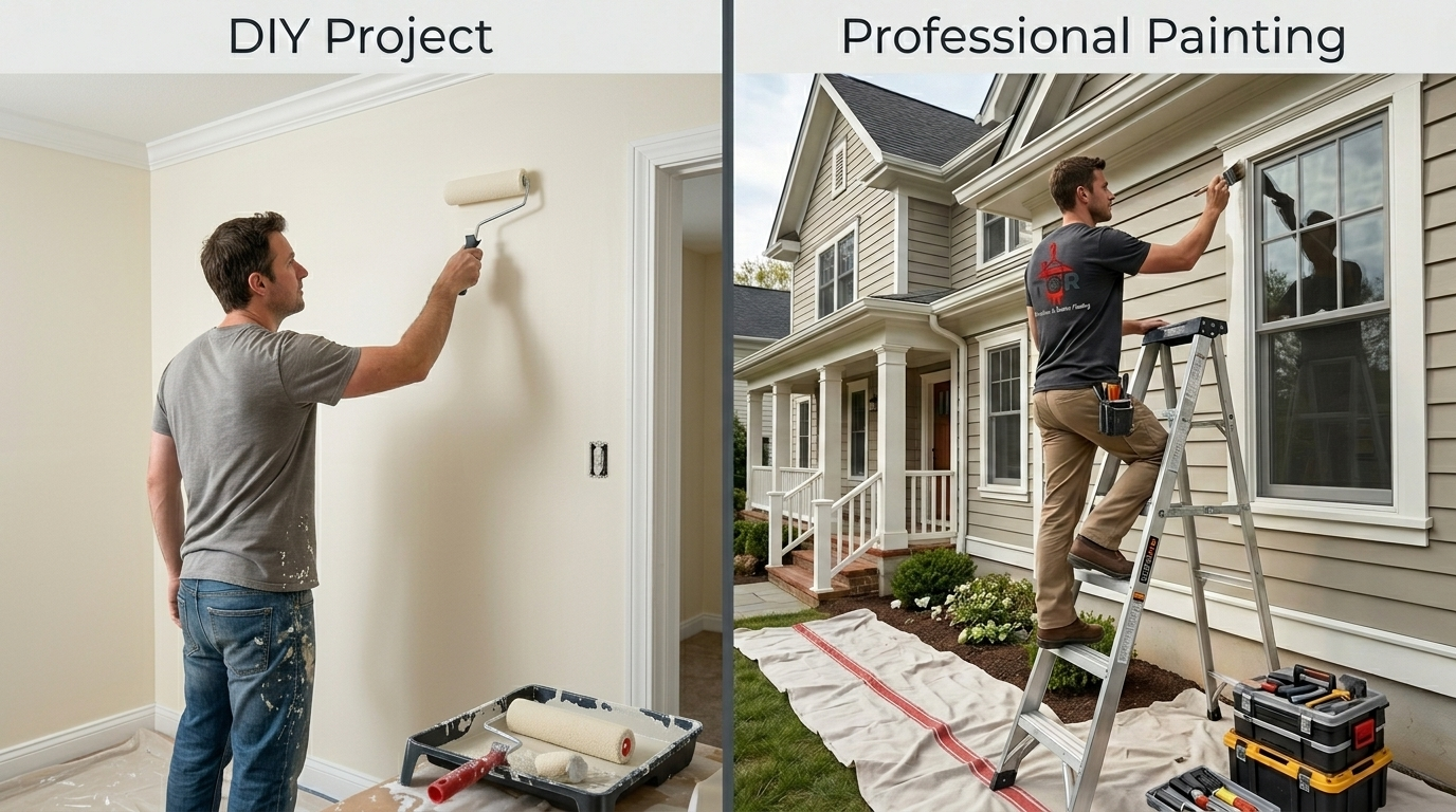 Homeowner painting a wall compared to a professional painter working on a home exterior