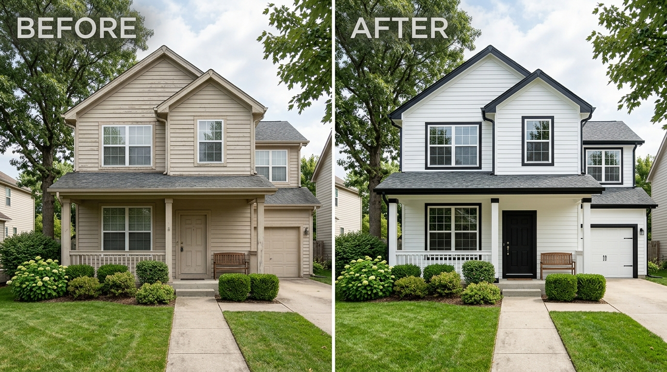 Home exterior before and after showing faded beige siding updated to white with bold black trim