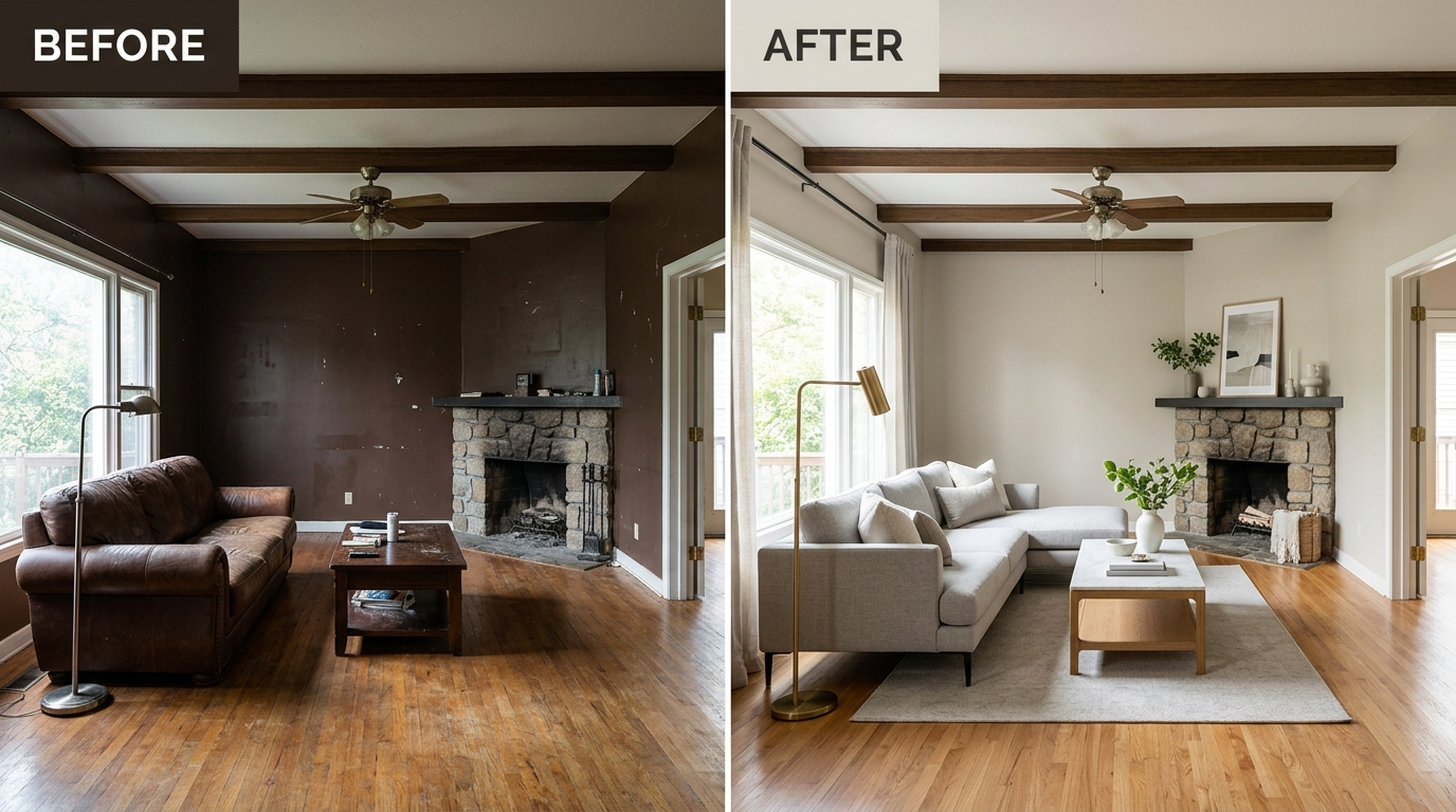 Living room interior before and after with dark brown walls repainted in warm neutral tones