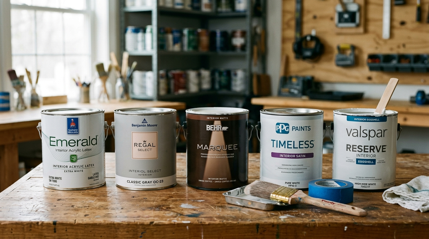 Top paint brand cans including Sherwin-Williams and Benjamin Moore on a painters workbench