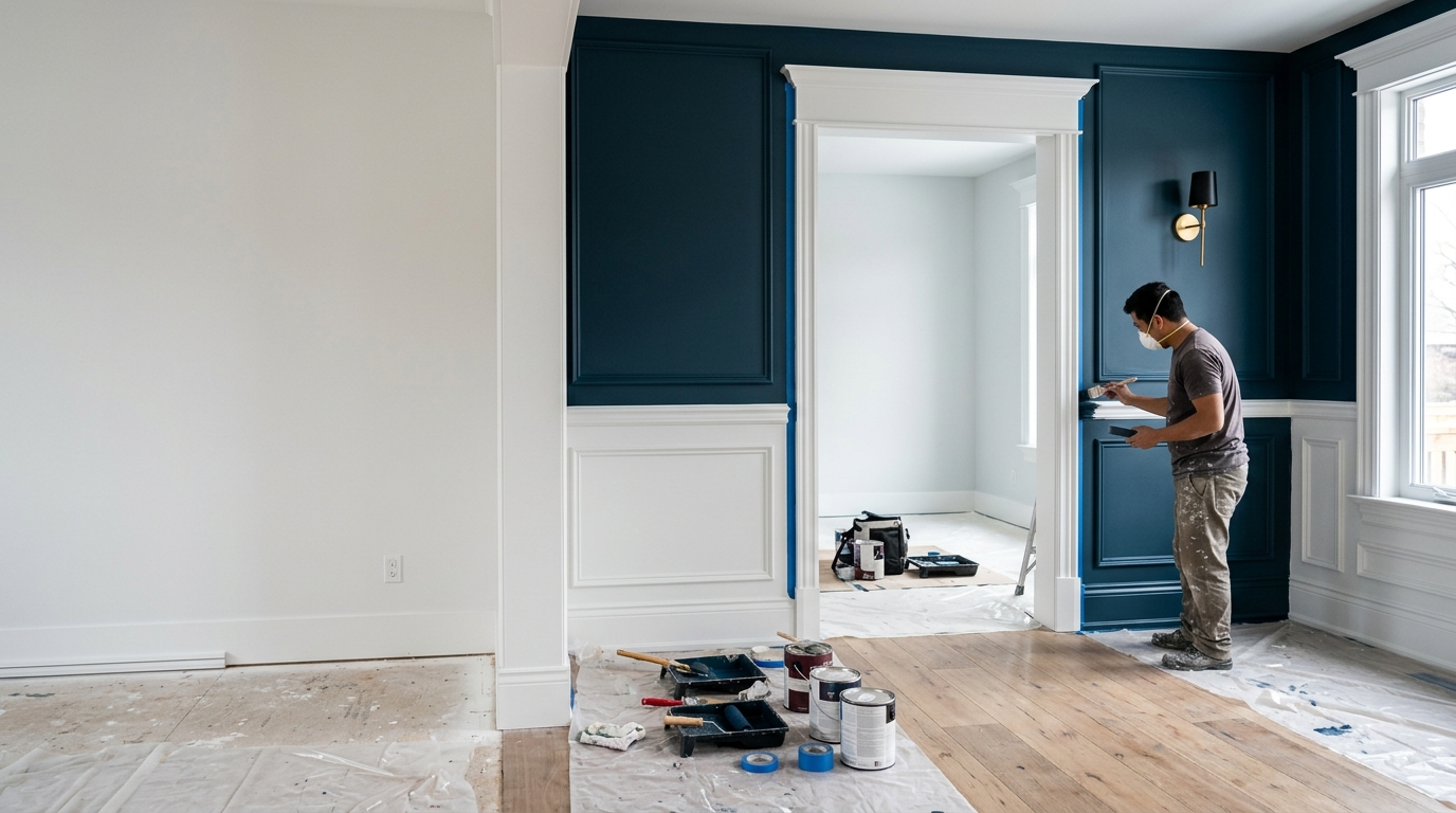 Plain white builder grade interior walls updated with designer accent colors and upgraded trim finish