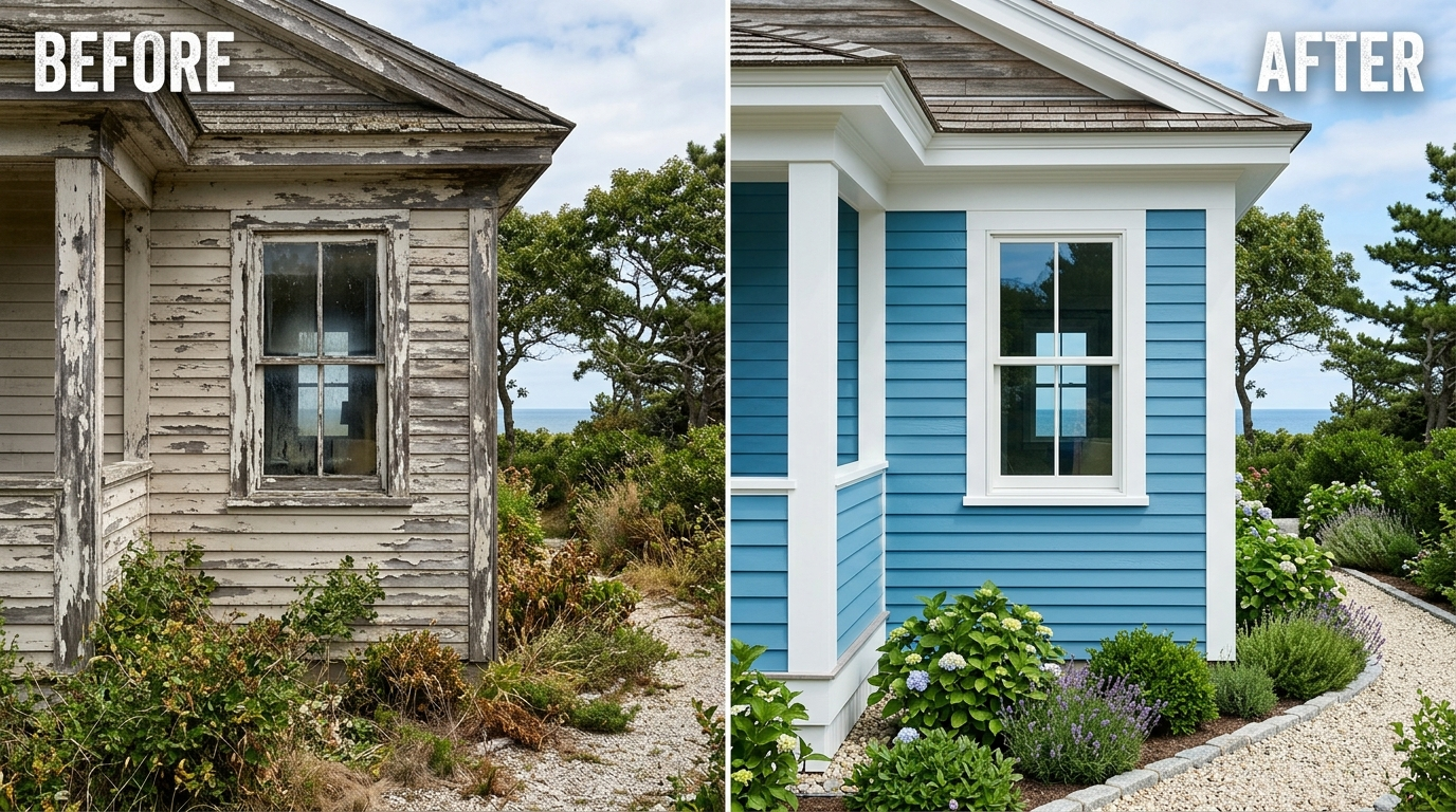 Wood siding before and after showing chipped weathered paint replaced with fresh coastal blue and white trim